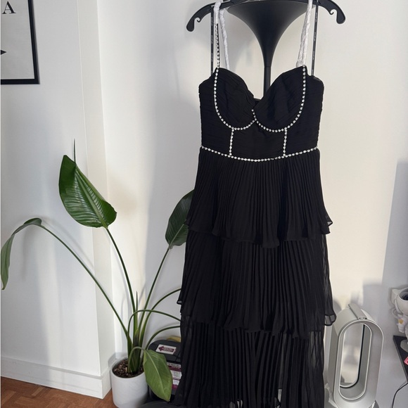 Self Portrait Black Chiffon Tiered Dress with Rhinestones - Picture 4 of 7